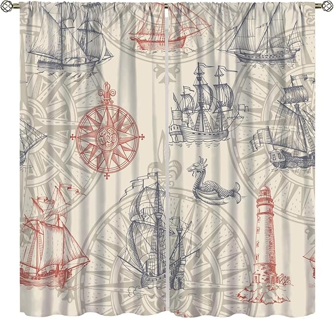 Abstract Nautical Curtain Set, 2 Panels, 42"W x 54"L, Yellow Polyester, Rod Pocket, Contemporary Ocean Theme, Bathroom, Indoor