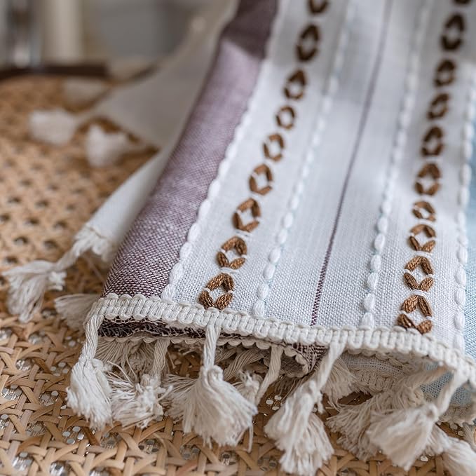 Deeprove Boho Linen Curtains 96 inch Length for Home Office Laundry Room, Contemporary Mid-Century Modern Tassels Window Treatment Bohemian Embroidery Drape 1 Panel 52" W x 96" L, Blue and Brown