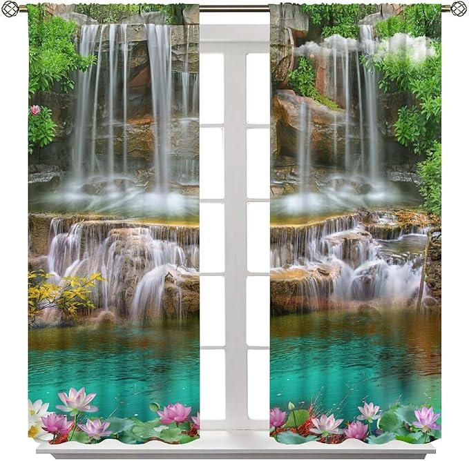 Waterfall Blackout Window Curtains, Rocky Waterfall to Pond Running Off Scenic Nature Themed Picture Print Window Drapes, for Living Room Bedroom 42x45in 2 Panels