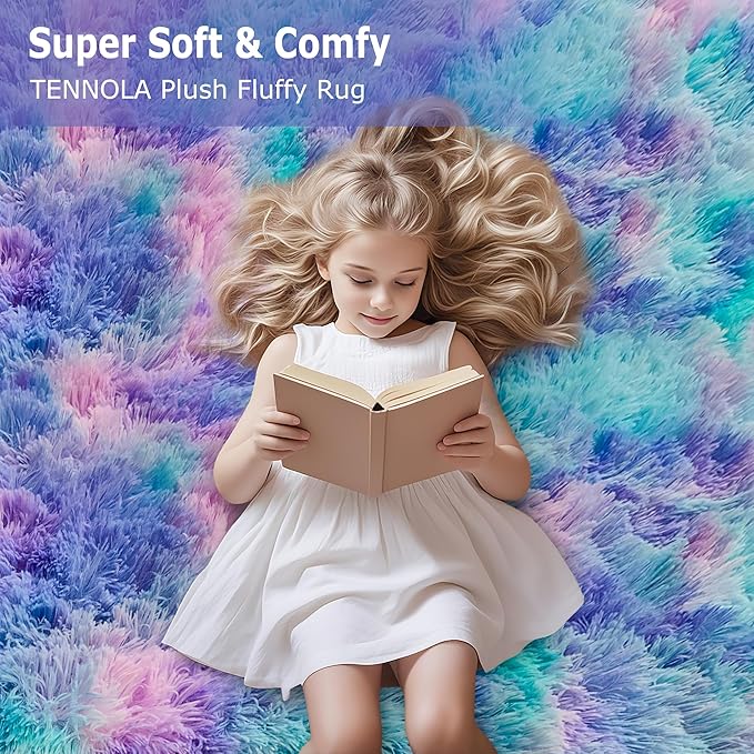 Tie-Dyed Purple Blue Rainbow Kids Rug for Bedroom, 3x5 Fluffy Fuzzy Area Rugs for Girls Room Dorm, Indoor Shaggy Living Room Carpet, Cute Soft Shag Playing Mat for Baby Nursery Playroom