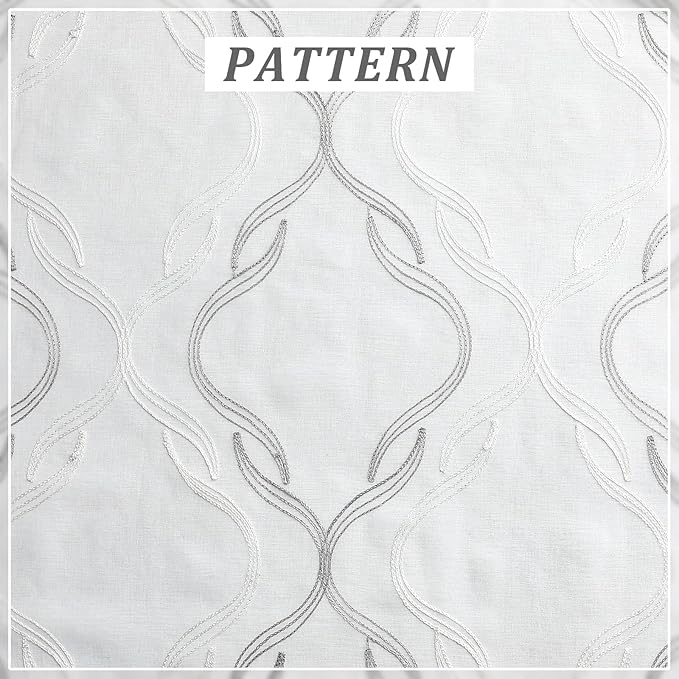 VISIONTEX Sheer Curtains 72 Inches Long 2 Panels Set, Grey and Ivory Moroccan Embroidery Texture Geometric Rod Pocket White Voile Tulle Semi Window Treatment Pair for Bedroom, W54 x L72