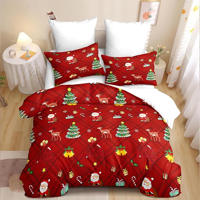 Christmas Duvet Cover Queen Size Red Gingham Christmas Bedding Set 3 Pcs Kids Boys Girls Xmas Grid Checked Cartoon Deer Pattern Comforter Cover with Zipper Closure (No Comforter)