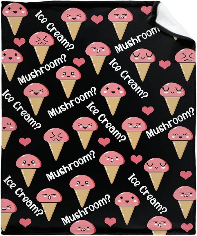 Thuswarm Mushroom Or Ice Cream Flannel Throw Blanket Warm Cozy Soft Funny Print Blankets for Bed Couch Sofa Room Decoration Gifts 60"×50" Medium for Teen