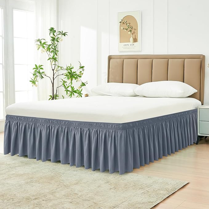 Biscaynebay Wrap Around Bed Skirts for Full & Full XL Beds Short Drop of 12", Dark Grey Adjustable Elastic Dust Ruffles Easy Fit Wrinkle Resistant Silky Luxurious Fabric Machine Washable