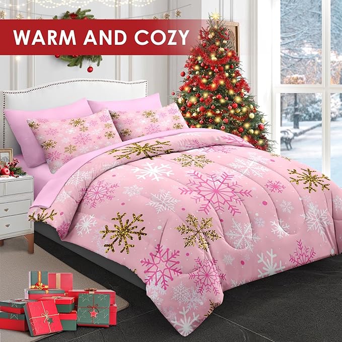 7 Pcs King Size Christmas Comforter Set with 2 Pillowcases & 2 Shams, Pink Winter Snowflake Bedding for Kids and Adults, Funny Sparkle Farm Bed in a Bag with Flat Fitted Sheet