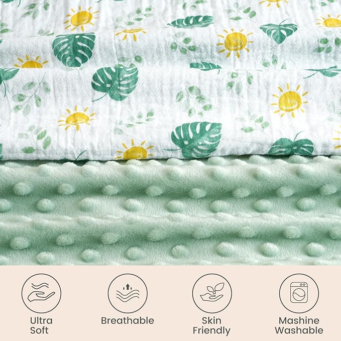 david's kids Muslin Minky Baby Blanket for Boys Girls with Muslin Cotton Front and Dotted Fleece Backing, Breathable and Soft Lightweight Receiving Blanket for Newborns, 30x40 Inches, Leaf