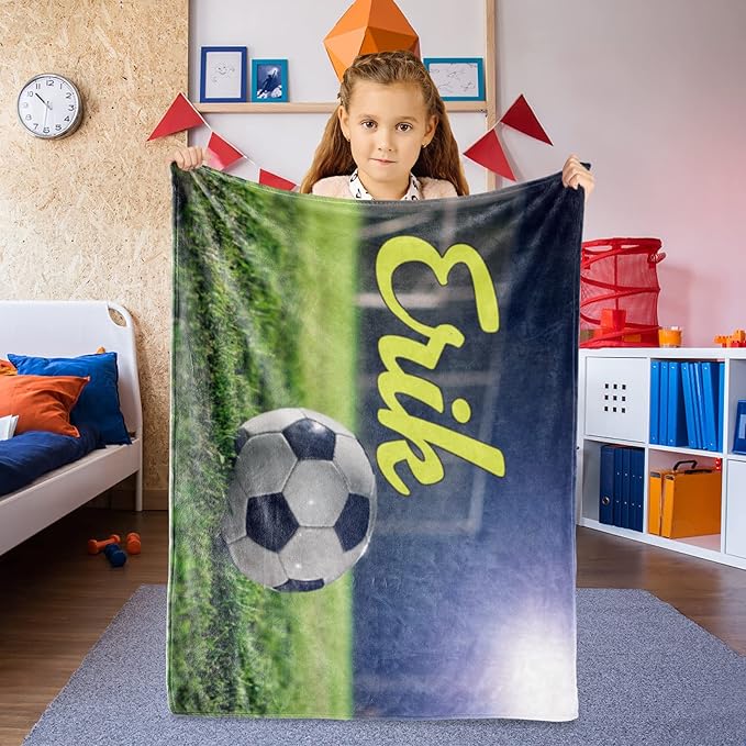 Personalized Baby Balll Soft Blanket: Custom Kids Soccer Design Blanket with Name and Number - Bedding Gifts for Infants Toddlers Adults 50x60inch
