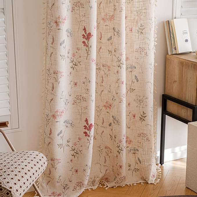 ENJOYBRIDAL Floral 63 Inch Curtains for Bedroom Living Room Drapes Boho 2 Panel Sets Light Filtering Short Window Curtain Panels Patterned Rustic Farmhouse Rod Pocket Semi Sheer Window Treatments