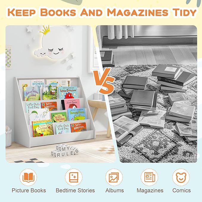 Costzon 5-Tier Kids Bookshelf, Wooden Children Bookcase, Toddler Book Rack, Magazine Storage & Display Shelf, Book Shelf for Kids Room, Living Room, Nursery, Classroom (White)