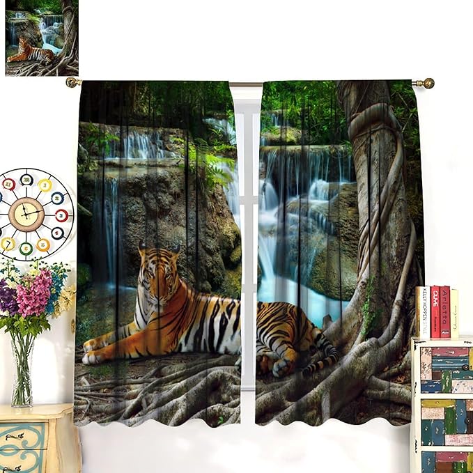 Waterfall Landscape Blackout Curtains, Spring Forest Animal Tiger Tree Waterfall Nature Window Drapes, for Bedroom Living Room 84" W X 84" L