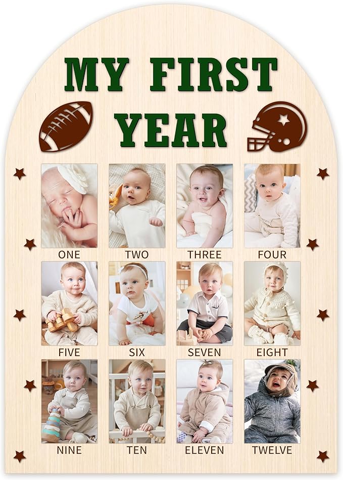 My First Year Photo Board, Football Baby's First Year Photo Frame 12 Monthly Milestone Picture Frame, Gift for Newborn Baby 1st Birthday Memories Nursery Decoration -05