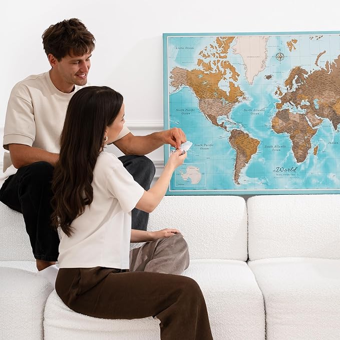 Canvas World Map with Cork Pin Board - English Lettering - Decorative Wall Decoration for All Rooms - Canvas Pictures with World Map Motif (70x50 cm, Pattern 10)