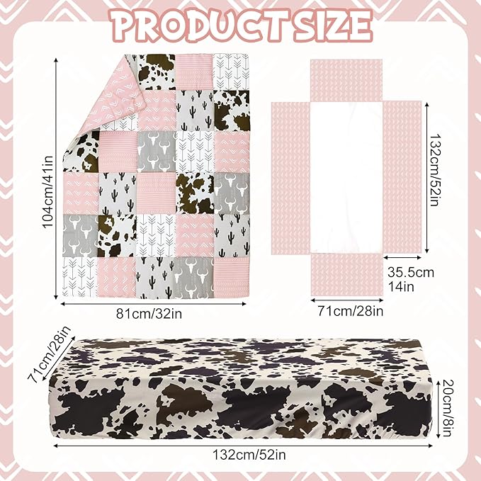 3 Piece Patchwork Western Crib Bedding Set for Boys Girls Cow Cactus Print Baby Bedding Barnyard Western Nursery Decor Soft Baby Bed Set Includes Quilt Fitted Crib Sheet Bed Skirt (Cowgirls)