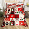 Manfei Christmas Duvet Cover Set King Size, Deer Tree Snowman Santa Claus Print Comforter Cover with 2 Pillowcases, Plaid Grid Print Bedding Set 3pcs for Kids Boys Girls Bedroom Decor,No Comforter