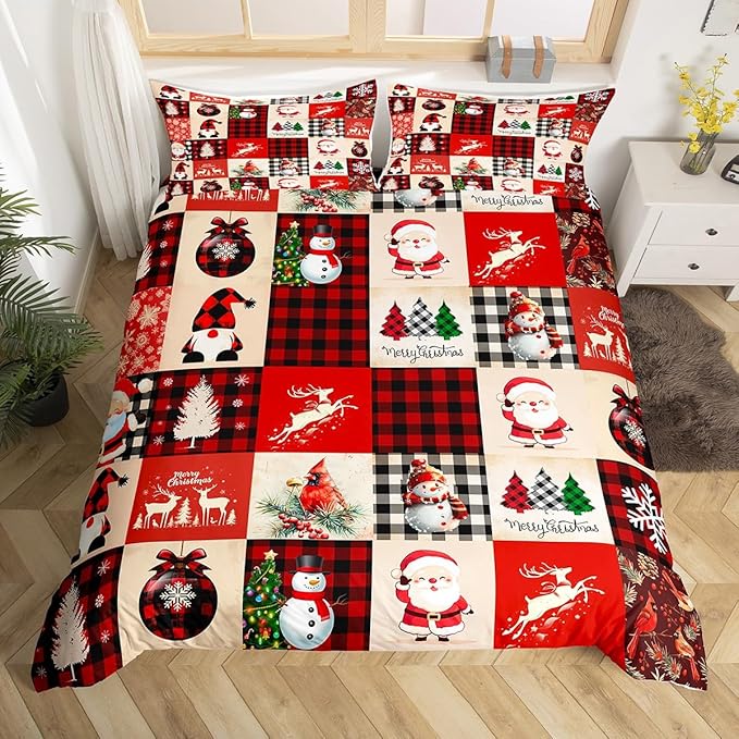Manfei Christmas Duvet Cover Set Full Size, Deer Tree Snowman Santa Claus Print Comforter Cover with 2 Pillowcases, Plaid Grid Print Bedding Set 3pcs for Kids Boys Girls Bedroom Decor,No Comforter