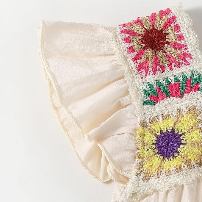 Gaono Newborn Baby Girl Smocked Bubble Romper Cute Boho Summer Clothes Ruffle Sleeveless Crochet Flower Vintage Bodysuit