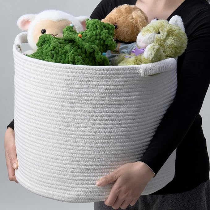 Blanket Basket - Woven Round Rope Storage Basket (16"Wx14"H) for Blankets & Throws, Small Laundry & Toy Organizer, Decorative Living Room & Bedroom Cotton Basket - White
