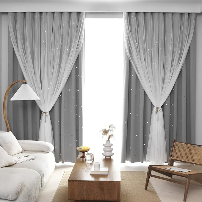 Kinryb Kids Blackout Curtains for Bedroom/Living Room/Classroom, Sheer Overlay 95 Inches 2 Panel Set, Double Layer Curtains with Star Cutout for Kids Room(W 52 x L 95 Inches,Silver Grey 2 Pcs)