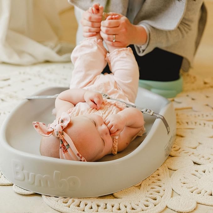 Bumbo 2 Pack Baby Changing Pads for Dresser or Table Top, Portable & Wipeable Non Slip Soft Contoured Diaper Change Station with Harness, Cool Grey