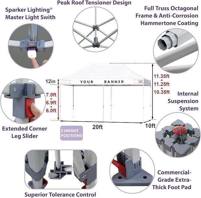 Tradesparker 10x20 Pop Up Canopy Tent,Commercial Movable Canopy with ApexCore LED & Rugged Casters-Instant Easy Setup Shelter Canopies with Weight Bags & Stakes for Oudoor Events Markets Vendors,White