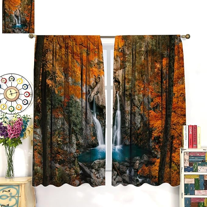 Autumn Waterfall Blackout Windows Curtains, Rustic Farmhouse Fall Forest Landscape Window Drapes, for Living Room Bedroom 42" W X 54" L