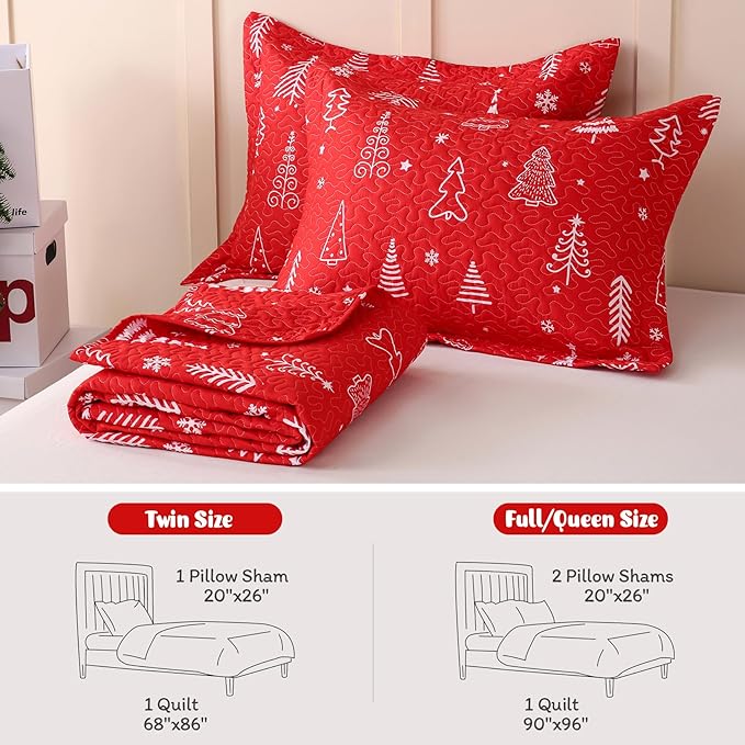 JSD 3 Pcs Kids Christmas Quilt Set Full/Queen, Red Christmas Tree Bedding, Soft Microfiber Bedspread Coverlet Holiday Quilted Blanket