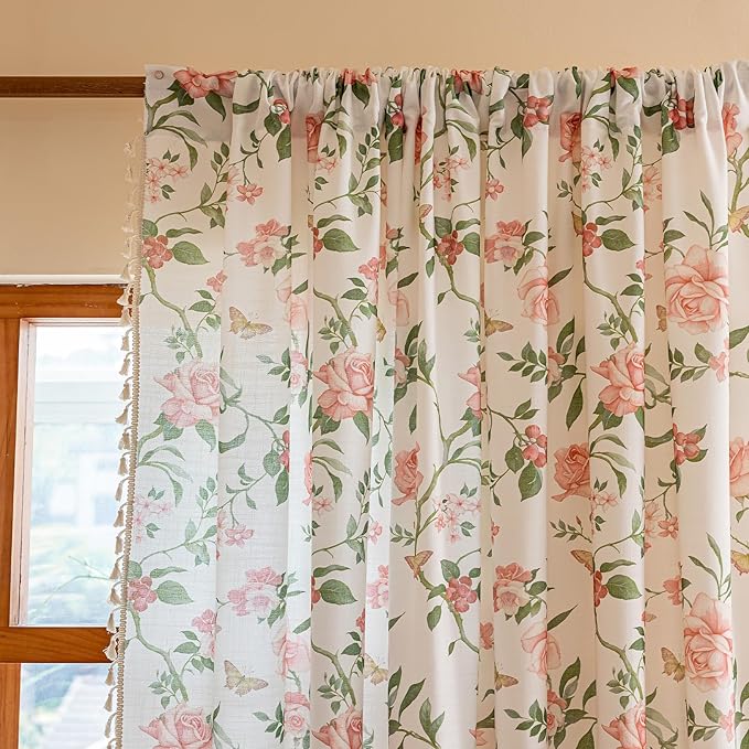 ENJOYBRIDAL Pink Floral 63 Inch Curtains for Bedroom Living Room Drapes Semi Sheer Boho Rod Pocket Short Window Curtains 2 Panel Sets Farmhouse Light Filtering Vintage Cute Window Treatments