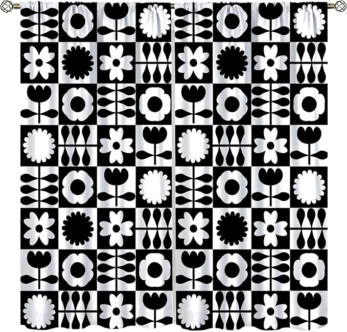 Mid Century Geometric Floral Curtains,Vintage 70s Window Treatments for Boys Girls Kids Bedroom Curtains,Boho Black and White Floral Curtains 84"" W X 84"" L, Style-10