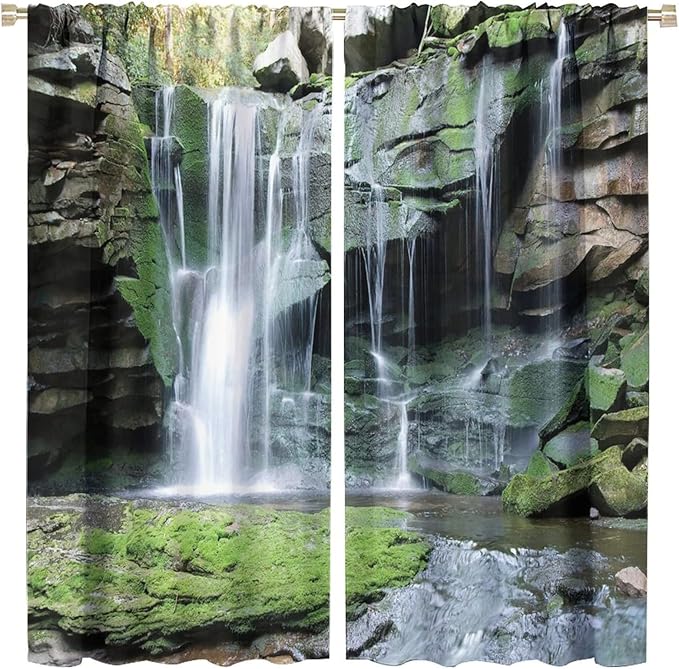 Forest Waterfall Blackout Windows Curtains, Rocky Waterfall to Pond Running Off Scenic Nature Themed Picture Print Curtains, for Living Room Bedroom 42x45in 2 Panels