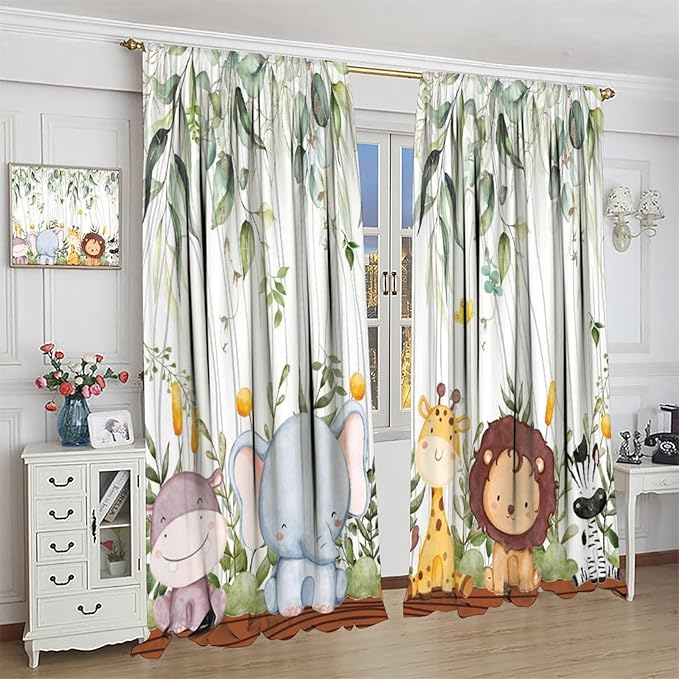 YCness Forest Animal Curtains, Watercolor Wild Animal Bear Fox Deer Kids Window Treatments for Living Room Bedroom, Green Woodland Tree Kids Drapes 2 Panel Sets,42x54 Inch