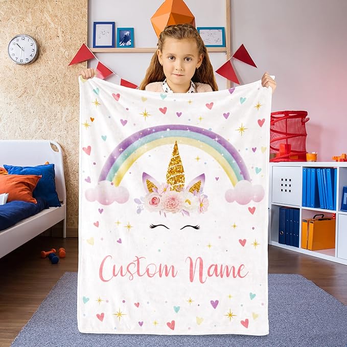 Personalized Horse Blanket with Name for Girl, Custom Name Blanket for Kids, Soft Flannel Pink Horse Toddler Blanket Customized Gift for Birthday Christmas Baby Shower Newborn Gift 60" X 80"