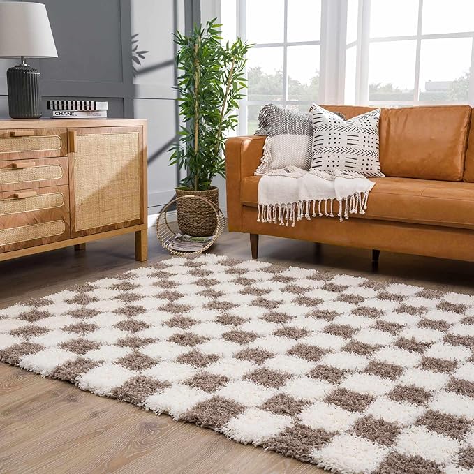 BoutiqueRugs Atira Modern Checkered Shag Area Rug - High Pile Fluffy Shaggy Carpet for Kids Room, Nursery, Living Room - Brown, Cream, White, Taupe - 7'10" X 10'3" (8x10)