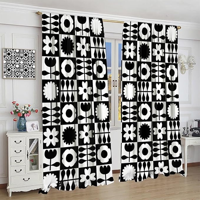 Mid Century Geometric Floral Curtains,Vintage 70s Window Treatments for Boys Girls Kids Bedroom Curtains,Boho Black and White Floral Curtains 42"" W X 63"" L, Style-10