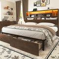 Queen Bed Frame with Large Headboard Storage, Bed Frames with 2 Under Bed Drawers, Built-in LED Lights Charging Station, Easy Assembly, Brown
