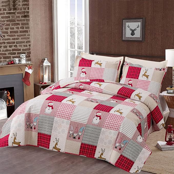 Jessy Home Christmas Bedding Set Twin Christmas Quilt Bedspread,Pink Gnome Santa Claus Plaid Patchwork Xmas Quilt Bedding Decor Winter Snowman Elk Lightweight Reversible Bedspread Coverlet