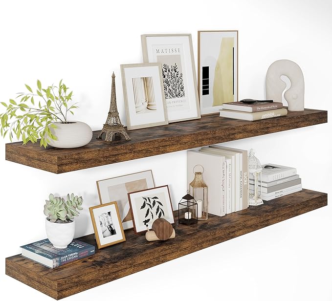 Vivelove 12" Deep Floating Shelves 24/36/48/55" Long, Wall Shelves for Living Room Bedroom Bathroom Kitchen Laundry Room, Farmhouse Rustic Shelves for Home Decor, 48" X 12" X 2" Set Of 2, Rustic Brown