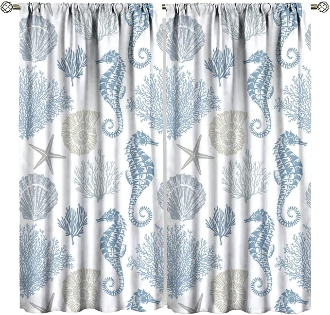 Seahorse Coral Curtains,Starfish Seashell Beach Sea Starfish Seashell Theme Pattern Blackout Print Home Bedroom Living Room Window Treatmen 2 Panel Set 55x63 Inch