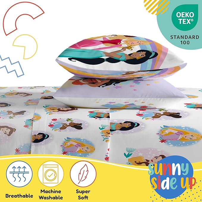 Sunny Side Up Disney Princess Full Sheet Set - 4 Piece Kids Bedding Set Includes Pillow Cover - Super Soft Rainbow Microfiber Sheets Moana, Belle & Rapunzel