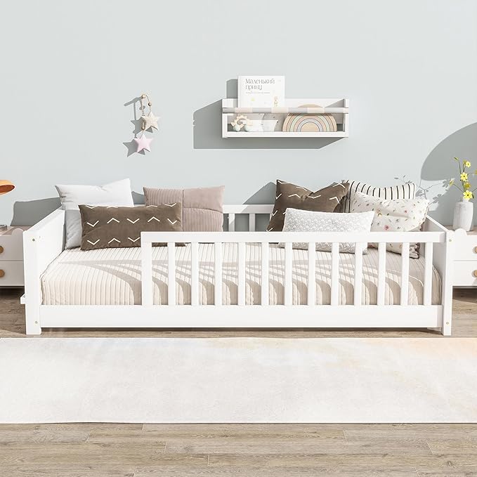 Twin Size Kids Montessori Floor Bed,Twin Floor Bed Frame with Slats and Bookcase,Solid Wood Montessori Bed for Girls Boys,White