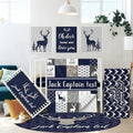 Custom Name Cirb Bedding Set - 5 Pcs Woodland Deer Baby Crib Set, Double Layer Blue Nursery Bedding Set for Baby Boys, Soft Flannel Baby Blanket, Toddler Infant New Parents Customized Gift