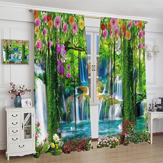 Jungle Nature Blackout Window Curtains, Trees Scenic Waterfall and River Spring Pattern Print Window Drapes, for Living Room Bedroom 63x63in 2 Panels