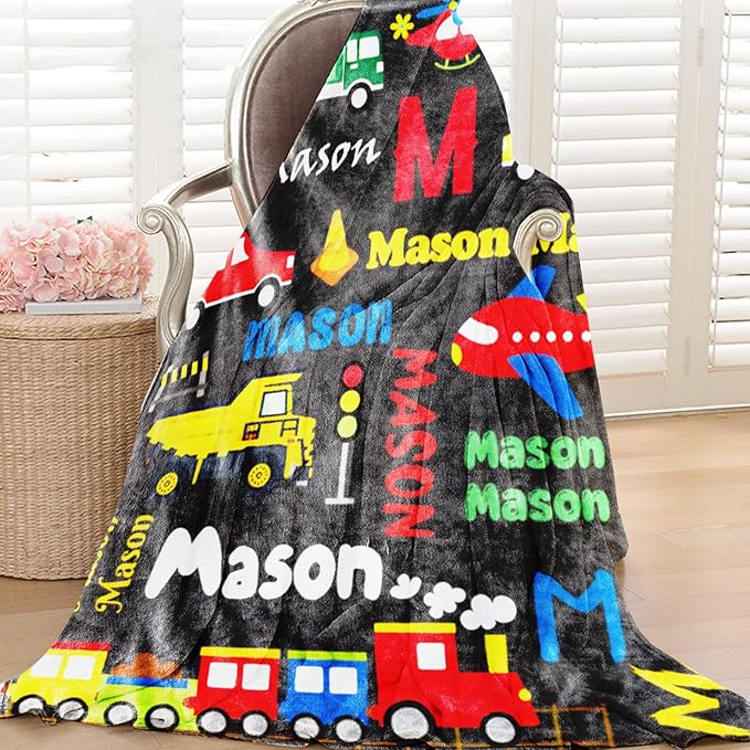 Personalized Blanket with Name for Boys, Custom Name Blanket City Car Transport, Soft Flannel Teen Blankets Customized Gift for Birthday Christmas-50x60in