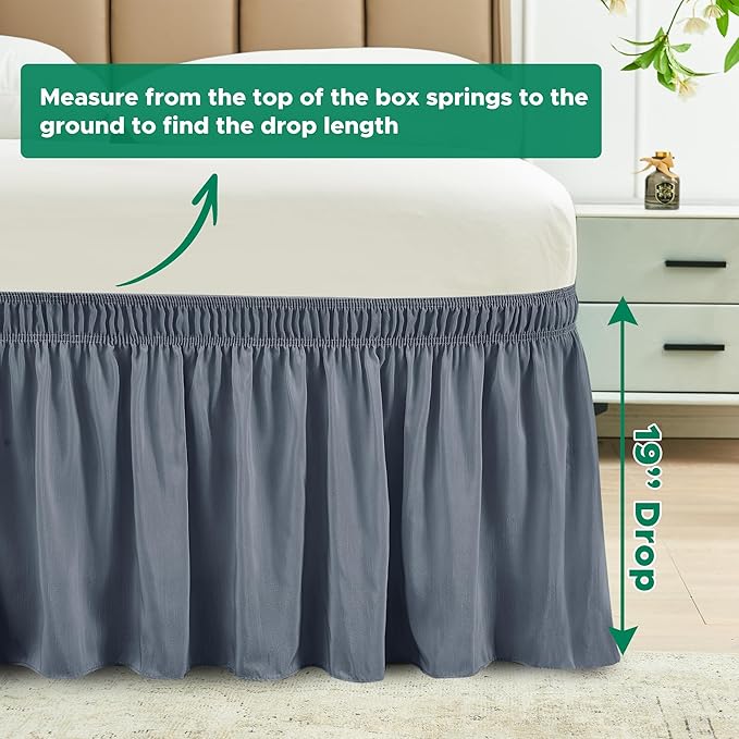 Biscaynebay Wrap Around Bed Skirts for Queen Beds 19" Long Drop, Dark Grey Adjustable Elastic Dust Ruffles Easy Fit Wrinkle & Fade Resistant Silky Luxurious Fabric Solid Machine Washable