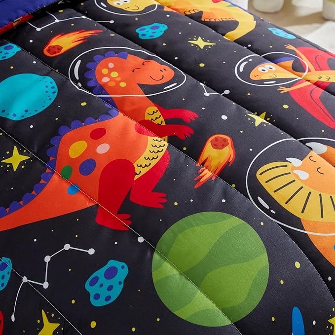 4 Pieces Toddler Bedding Set for Boys Girls Black Toddler Bed Set - Ultra Soft Cartoon Space Orange Dinosaur Toddler Bed in a Bag - 1 Comforter Set 1 Fitted Sheet 1 Flat Sheet 1 Pillowcase