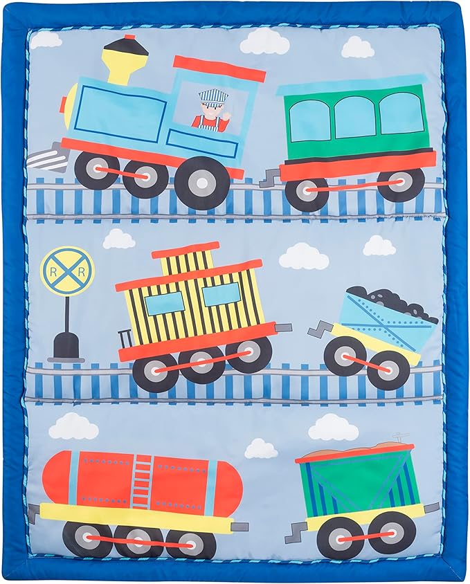 EVERYDAY KIDS 4 Piece Boys Crib Bedding Set - Choo Choo Train - Includes Quilt, Fitted Sheet, Dust Ruffle and Diaper Stacker - Nursery Bedding Set - Baby Crib Bedding Set