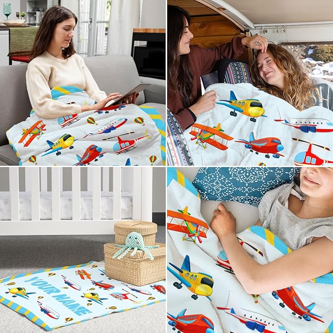 Custom Airplane Blanket for Airplane Lovers - 50" x 60" Inches Warm Furry Throw Blanket Gift - Blue Cute Throw for Sofa, Work, Living Room
