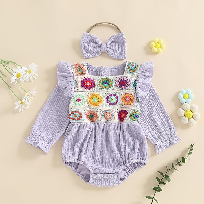 Gaono Newborn Baby Girl Smocked Bubble Romper Cute Boho Summer Clothes Ruffle Sleeveless Crochet Flower Vintage Bodysuit