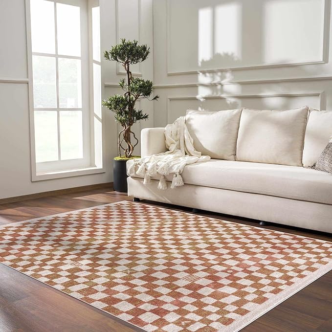 Hauteloom Pertek Modern Checkered Runner Rug - Modern Geometric Carpet for Hallway, Kids Room, Nursery - Bohemian Boho Carpet - Cream, Somon - 2'7" x 7'3"