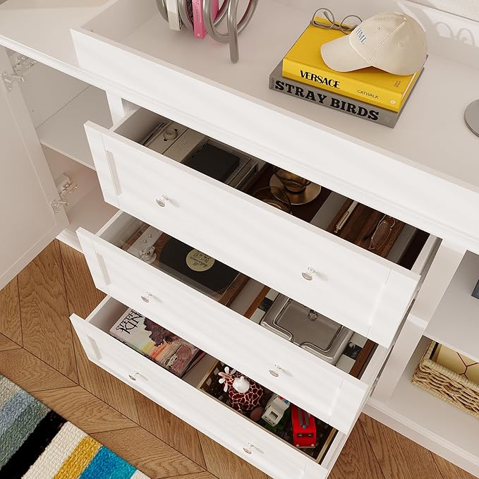 WOODTIME 78.7" Tall Changing Table Dresser with Drawers, Open Shelves and Doors, Multi-Functional Baby Nursery Dresser with Changing Table Top, Versatile Storage Cabinet for Nursery, White