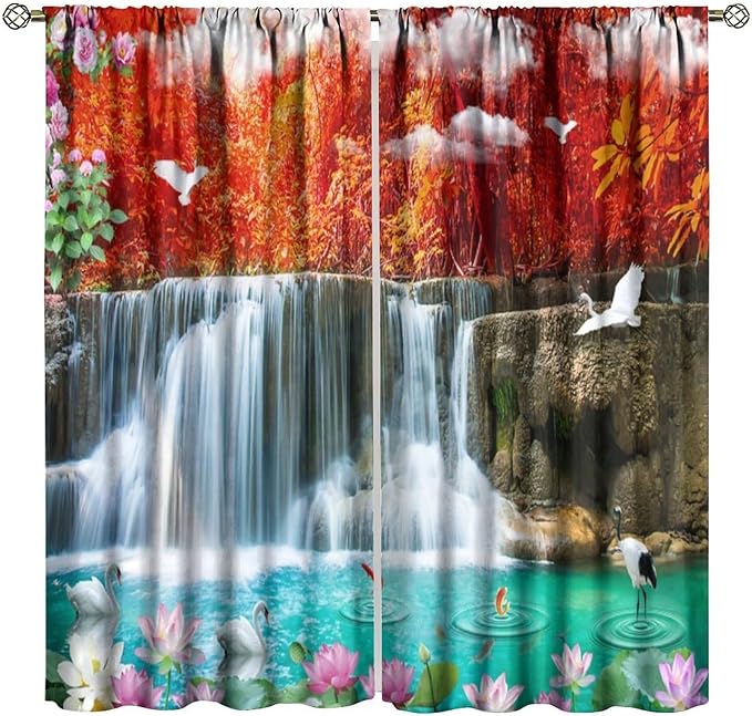 Nature Blackout Curtains, Waterfall Landscape Forest River Crane Fish Floral Pattern Rod Pocket Window Drapes, for Bedroom Living Room 42" W X 54" L